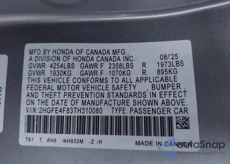2026 Honda Civic Hybrid Sport/Sport Touring from USA, damaged, VIN 2HGFE4F83TH310080